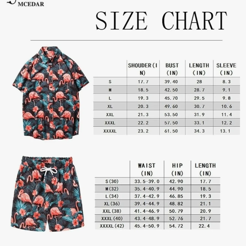 MCEDAR 2 Piece Flamingo Print Short Sleeve Hawaiian Shirt Suits Size 4X